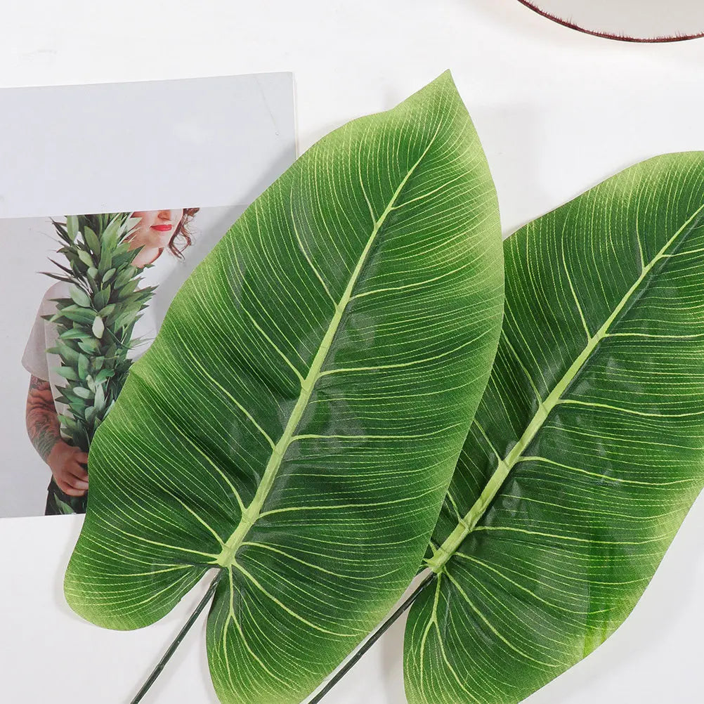 2Pcs Artificial Green Leaves with Flexible Steel Stem for Home Party Jungle Theme Decor Photo Prop Premium Plastic Fabric Faux Qme