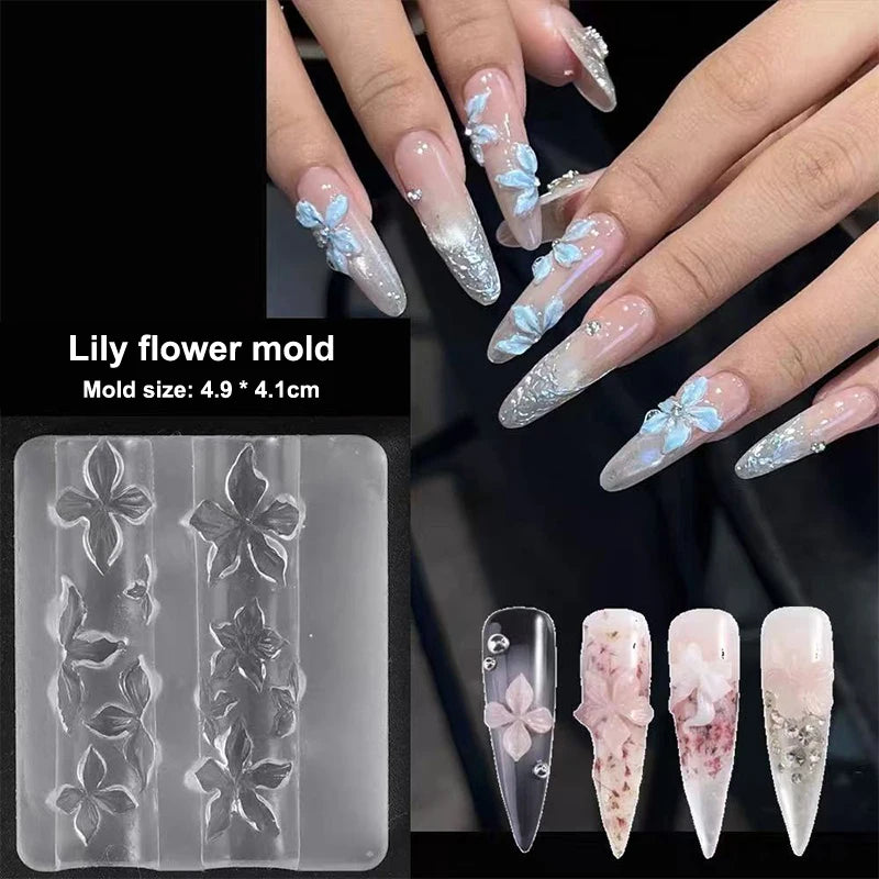 1 Relief Lily Flowers Nail Carving Mold 3D Silicone Hawaii Hibiscus Qme