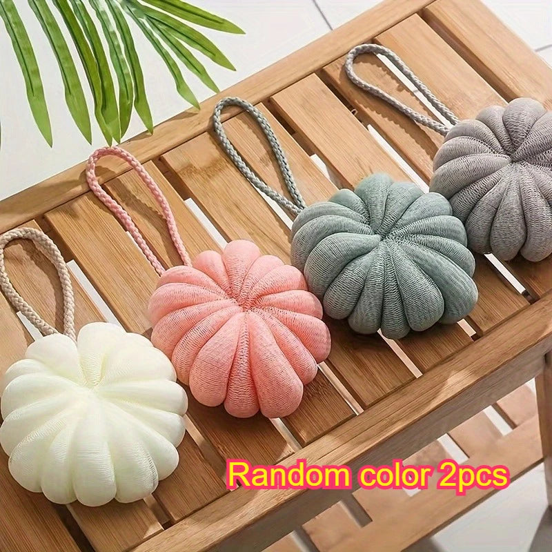 Cute Pumpkin Shaped Bath Sponge, Soft PE Mesh Shower Loofah, Exfoliating Bath Ball With Hanging Rope, 4 Colors Qme Random color 2pcs