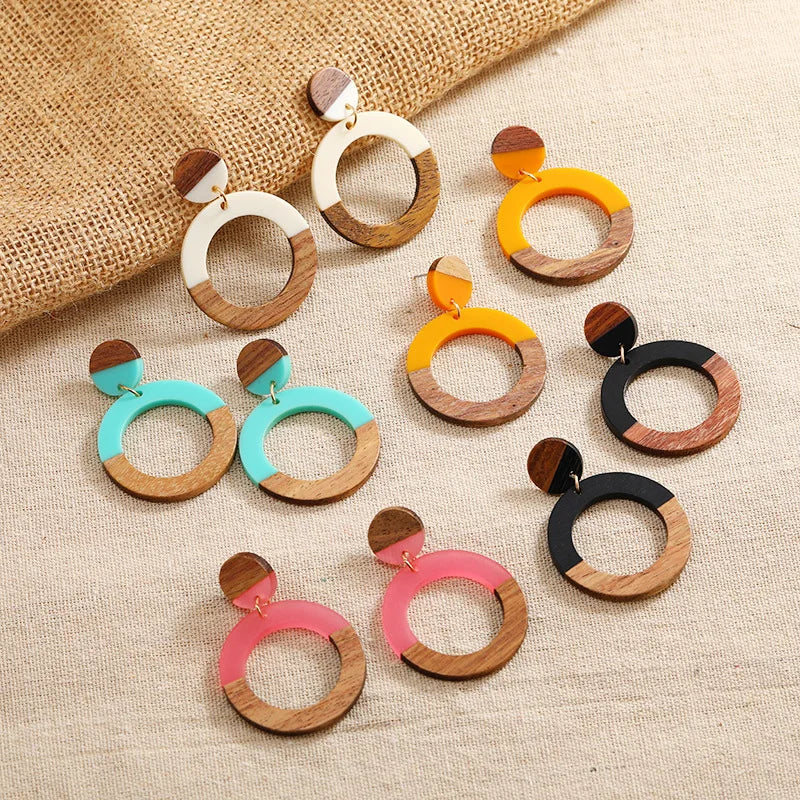 New Personalized Wood Splicing Resin Earrings Simple Round Hollow Dangle Earrings Best Party Wedding Anniversary Jewelry Gift Qme