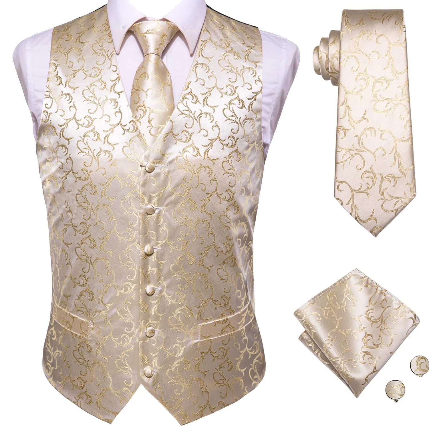 Mens Suit Vest Tie Hanky Cufflinks Jacquard Floral Paisley Waistcoat Qme
