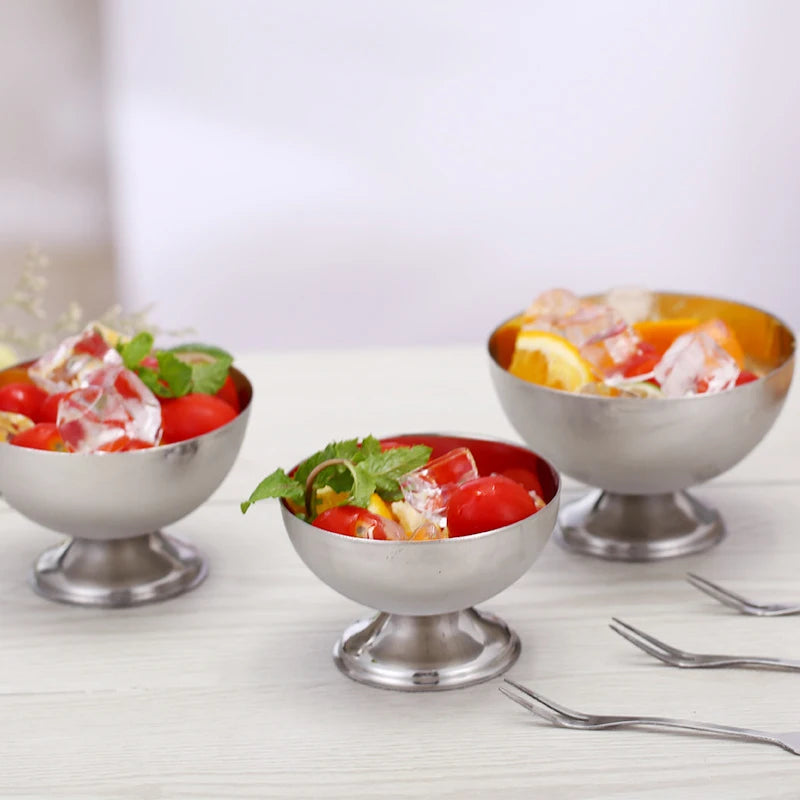 Ice Cream Cups Salad Bowl Stainless Steel Dessert Fruit Plate Snack Qme