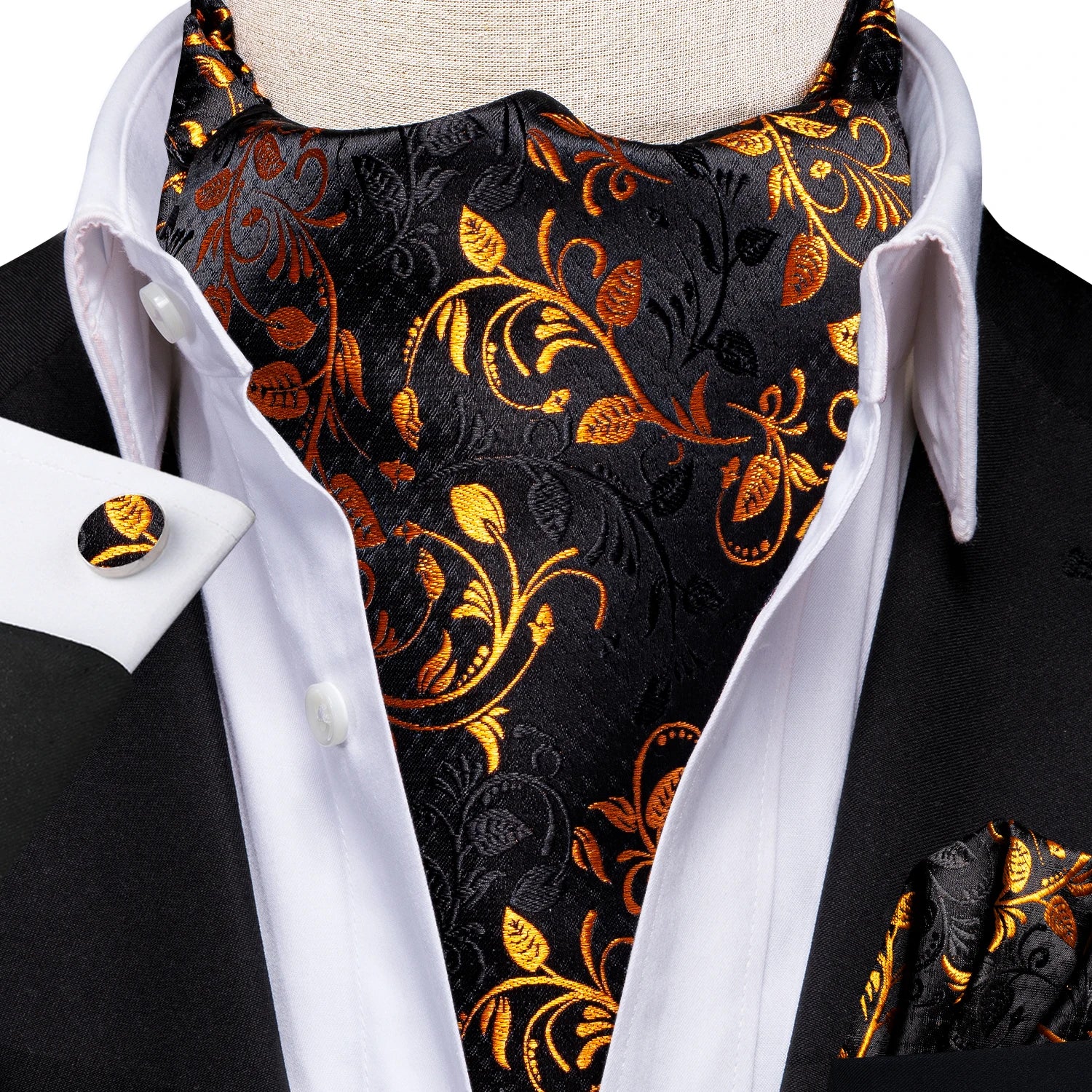Silk Mens Ascot Black Pink Blue Red Gold Green Purple White Beige Cravat Tie Hanky Cufflinks for Male Wedding Business Prom Gift Qme