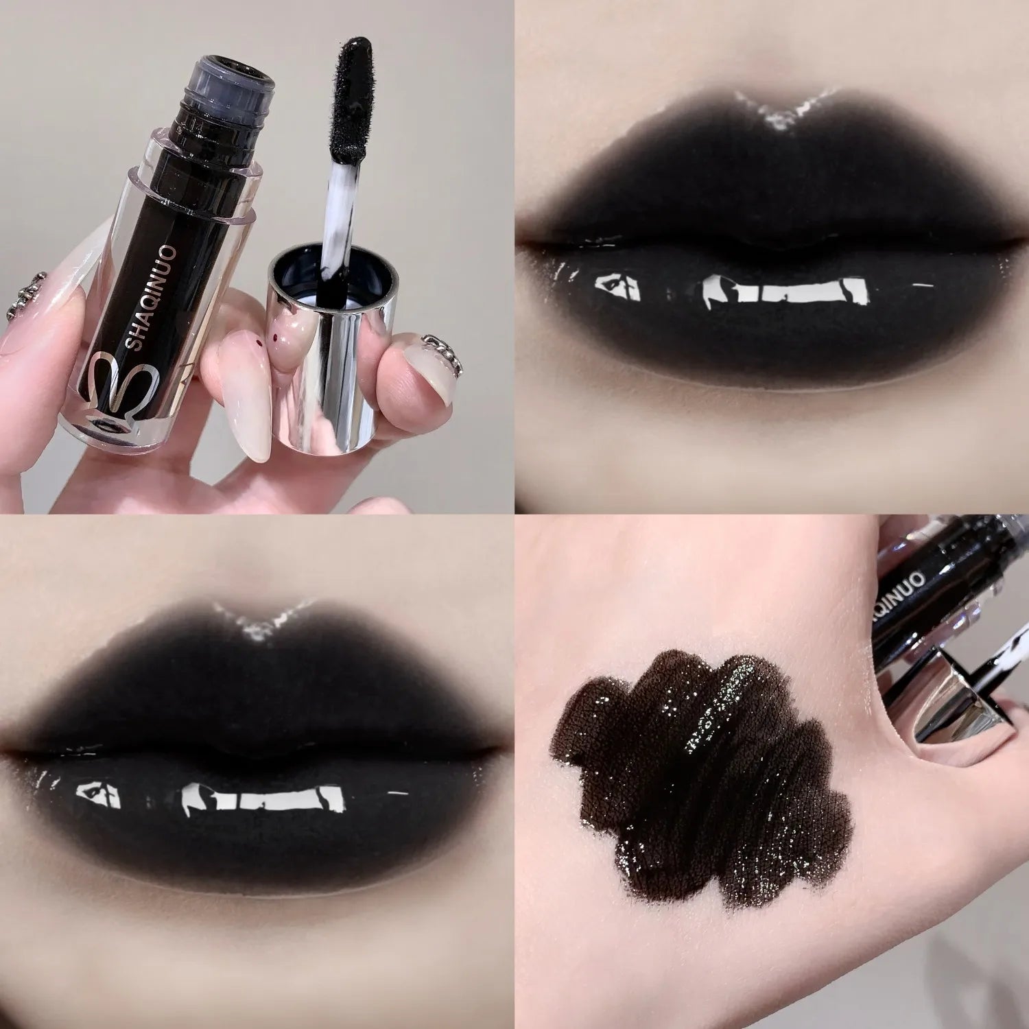 SHAQINUO Water Light Mirror Lip Gloss Lasting Moisturizing Cool Black Silver Gray Pearlescent Fine Sparkling Lipstick Lip Oil Qme S9137-04