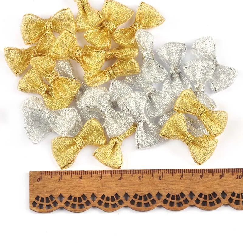 50Pcs 16x28mm Golden/Silver Christmas Bows For Xmas Party Flower Gifts Decor Handmade Accessories Bowknot Ribbons DIY Supplies Qme random mix 16x28mm