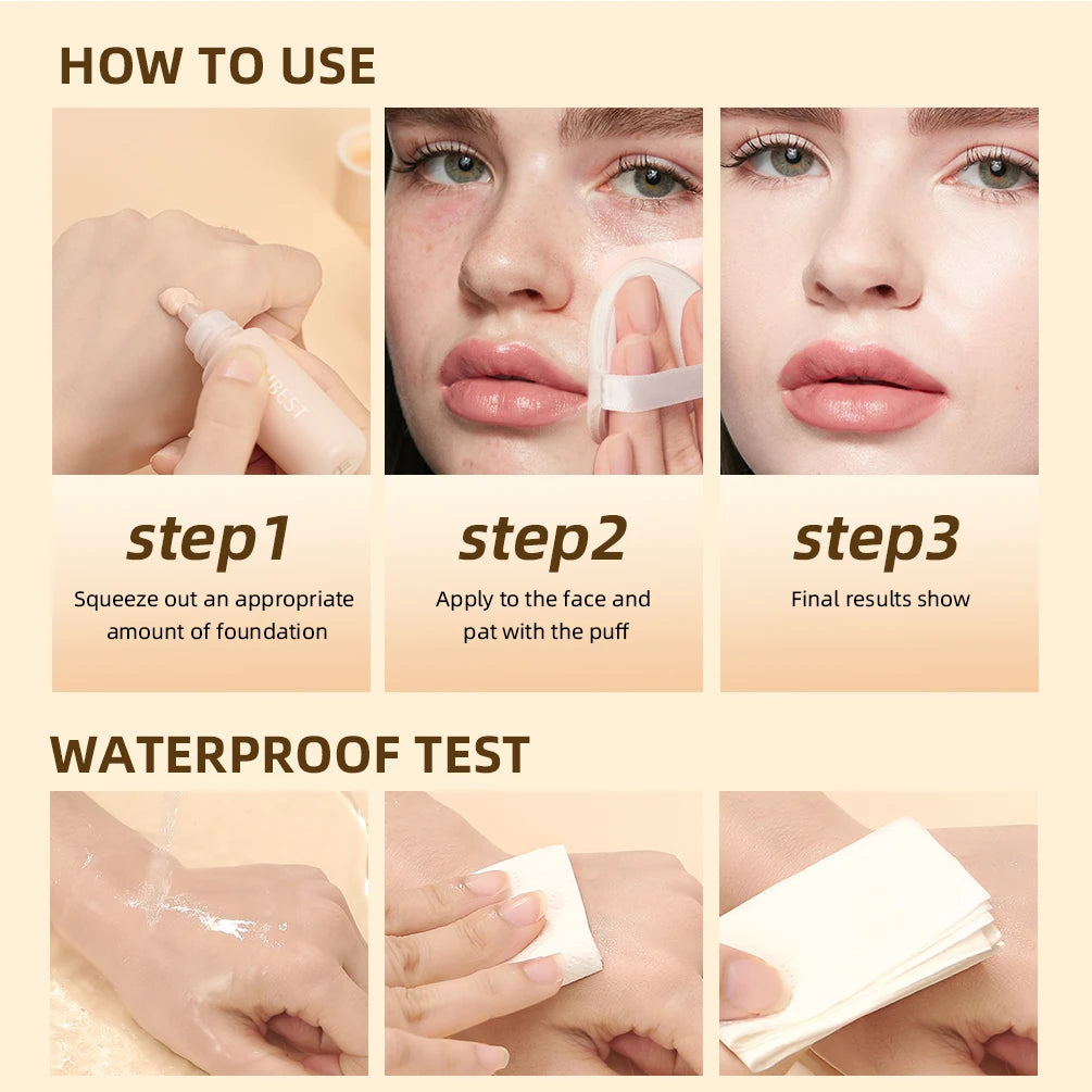 QIBEST Liquid Foundation High Coverage Waterproof Face Concealer Base Cream Lasting Oil-Control Professional Makeup For Women Qme