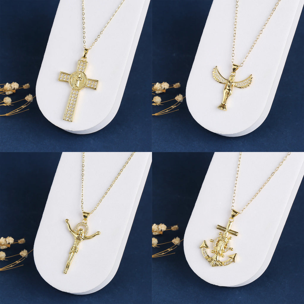 Classic New Creative Gold Plated Anchor Cross Religious Zircon Pendant Necklace Ins Popular Party Jesus Jewelry For Men Women Qme