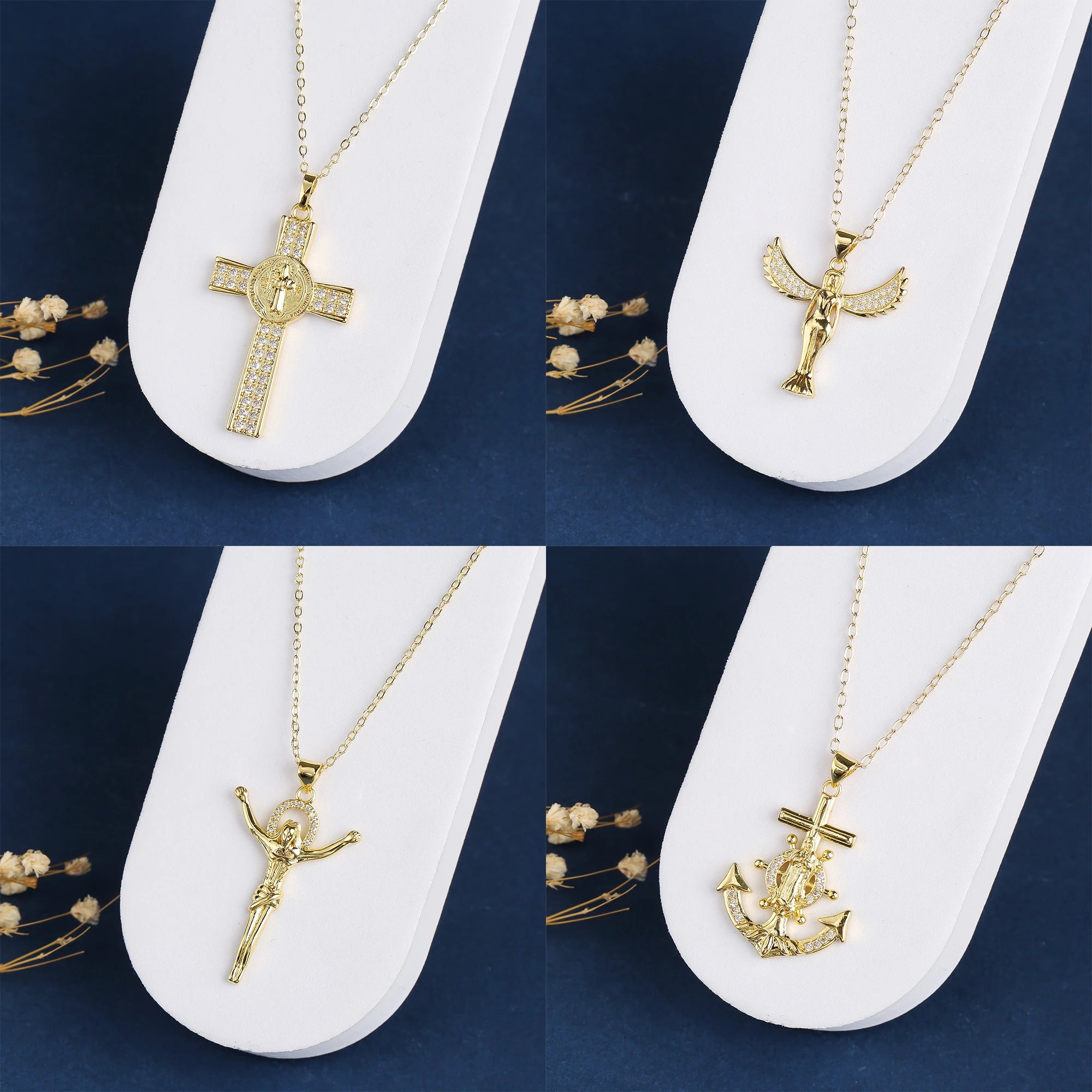 Classic New Creative Gold Plated Anchor Cross Religious Zircon Pendant Necklace Ins Popular Party Jesus Jewelry For Men Women Qme