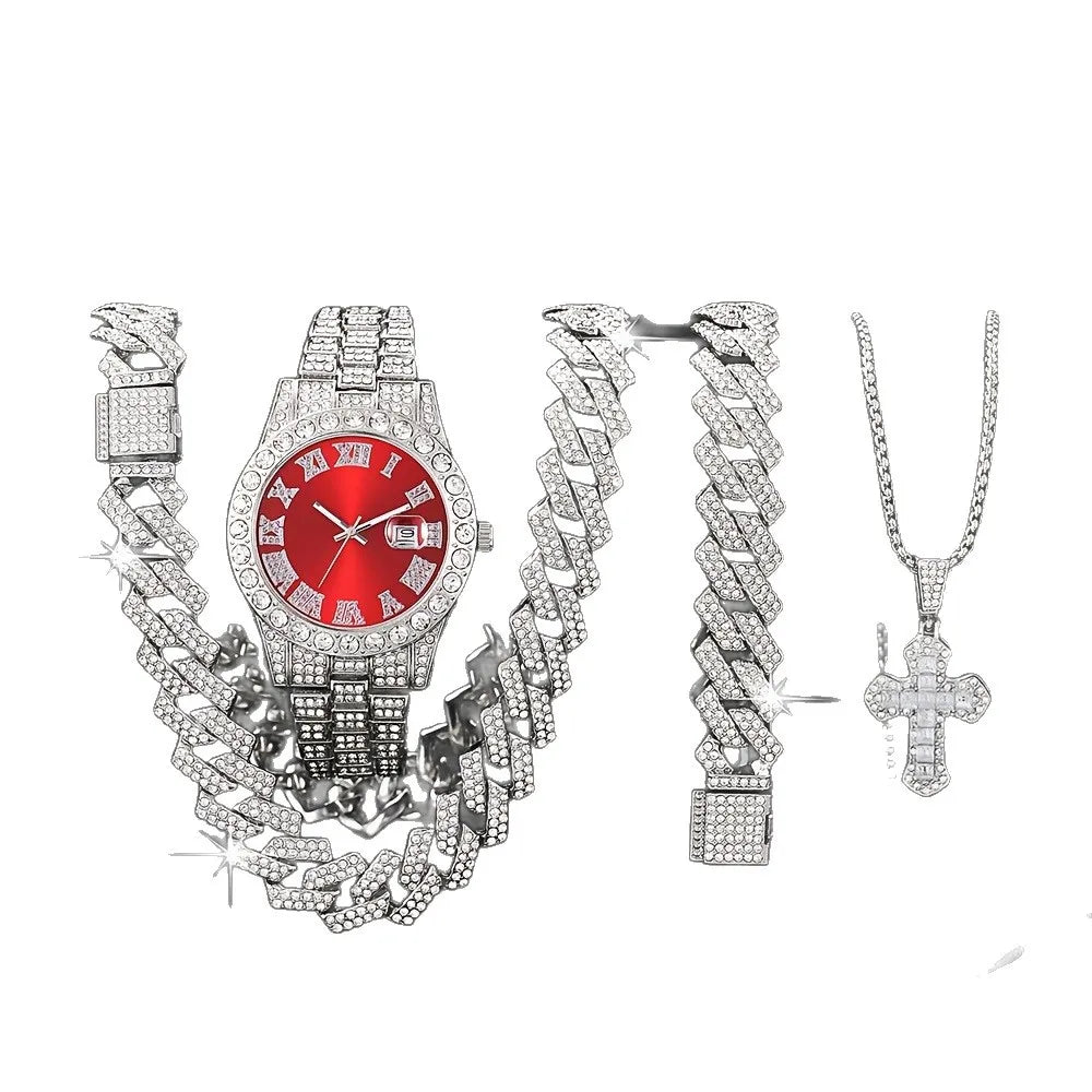 Men's Bling Jewelry Set: Silver Iced Out Watch + Cuban Link Chain + Bracelet + Blue Cross Pendant Necklace, 4Pcs Hip Hop Set Qme
