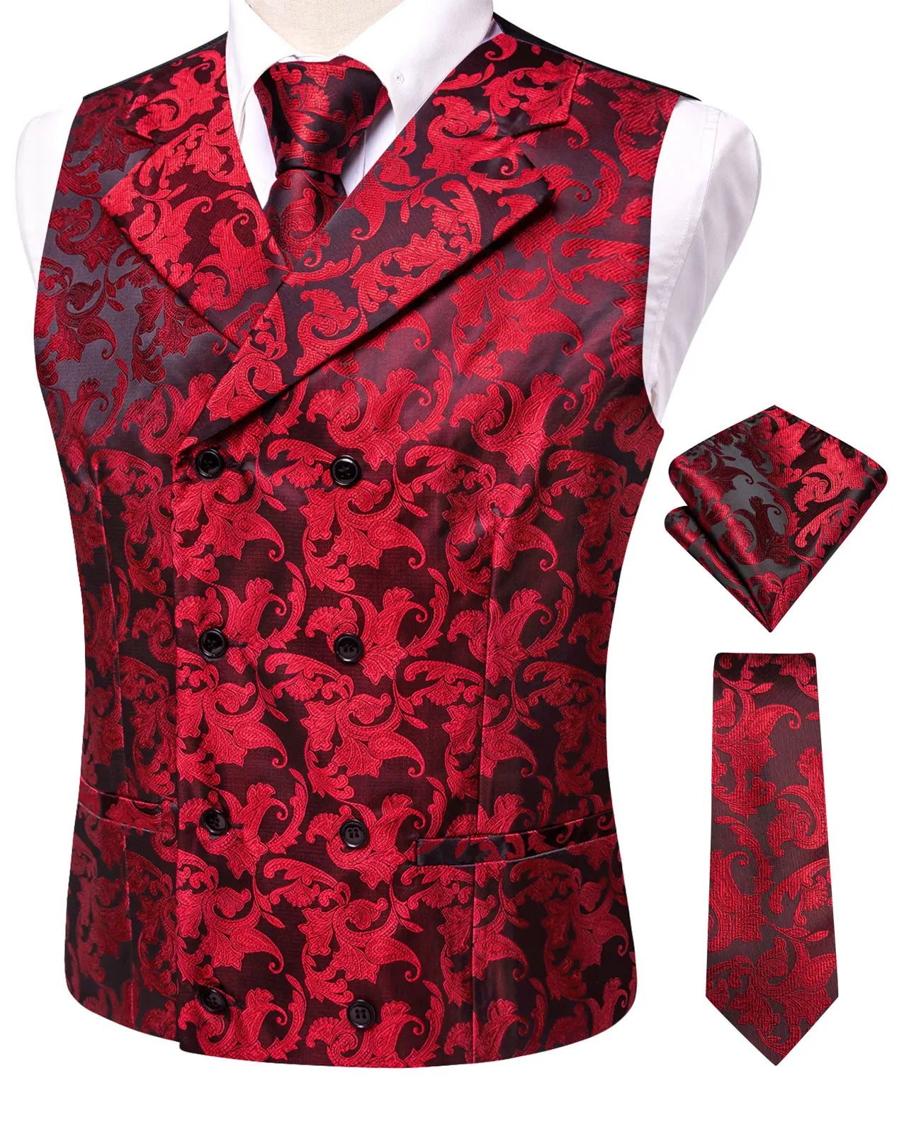 Men's Formal Paisley Jacquard Vest Set – Classic Waistcoat with Matching Tie Hankerchief Cufflinks Ideal for Banquets Qme HT-MJ-0091 XXXL