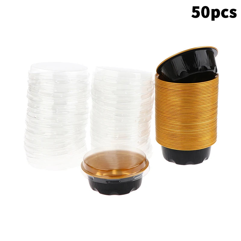 Round Baking Cups Aluminum Foil Wih Lids Reusable Cupcake Desserts Qme 50Pcs Black Gold