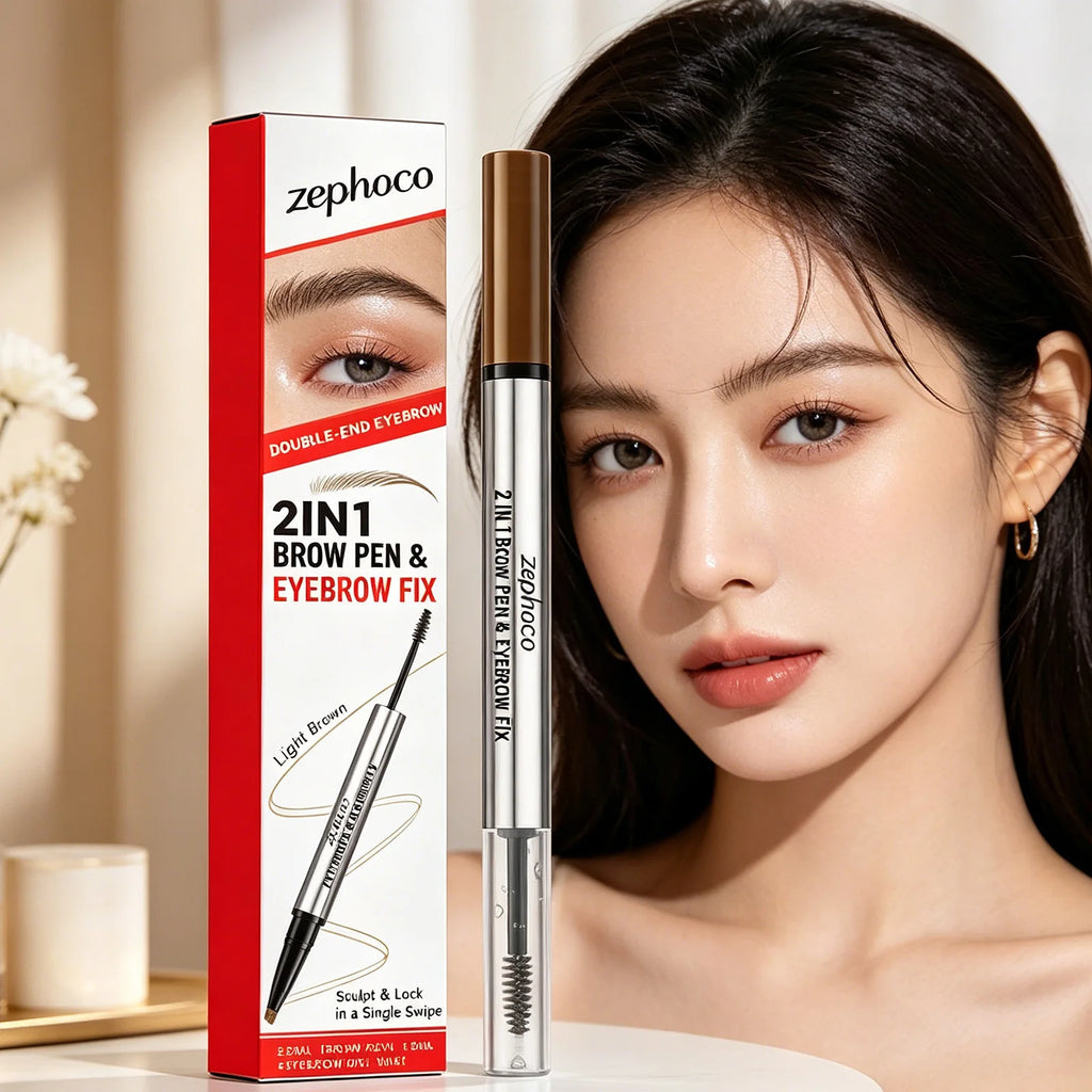 zephoco 2 in 1 Brow Pen Eyebrow Fix Long Lasting Waterproof Quick Shape Multi-use Smudge Proof Makeup Double-End Eye Brow Pencil Qme