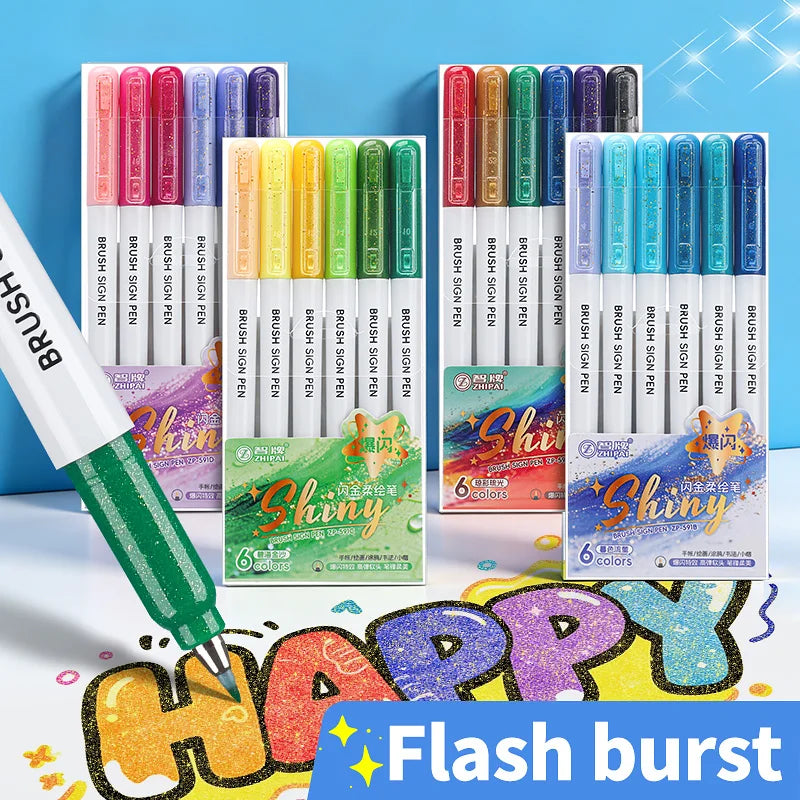 24 Colors Glitter Brush Art Pens – Dazzling Sparkle Markers with Acrylic Ink for Rock Ceramic Fabric Canvas & More Art Craft Qme