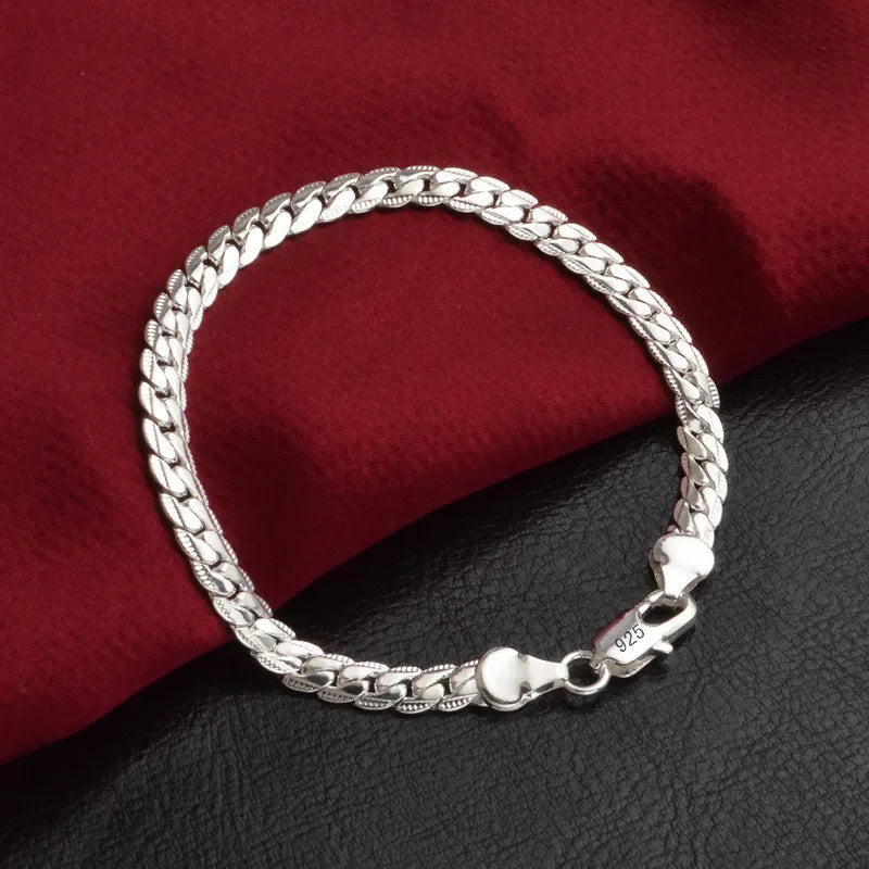 925 Sterling Silver Bracelet 18/19/20cm Flat Side Chain Lobster Clasp Bracelet For Woman Man Party Wedding Jewelry Holiday Gift Qme