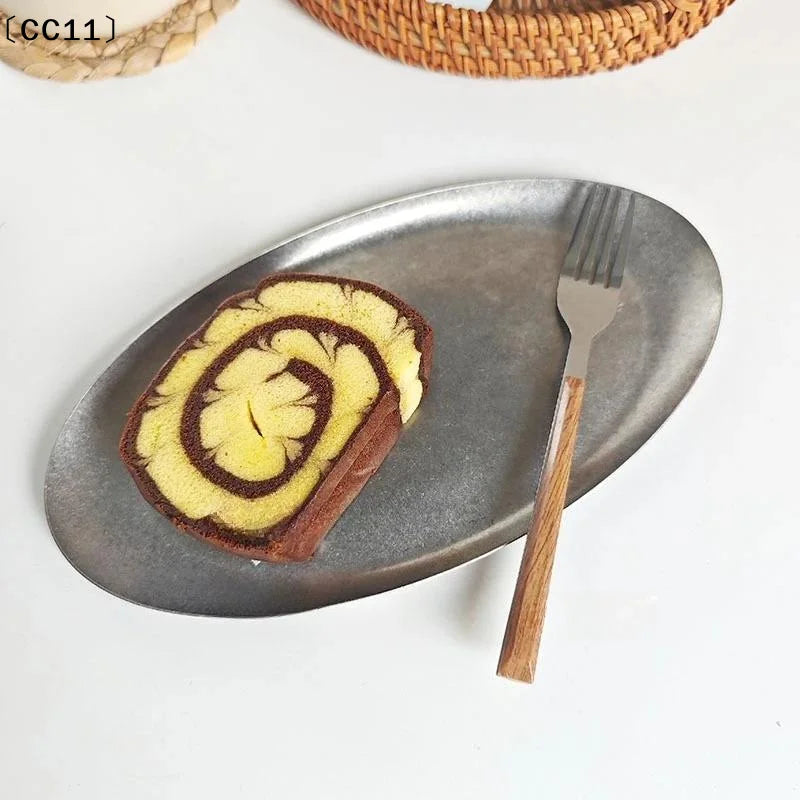 Retro Stainless Steel Trays Sushi Plates Snack Pastry Oval Shallow Qme