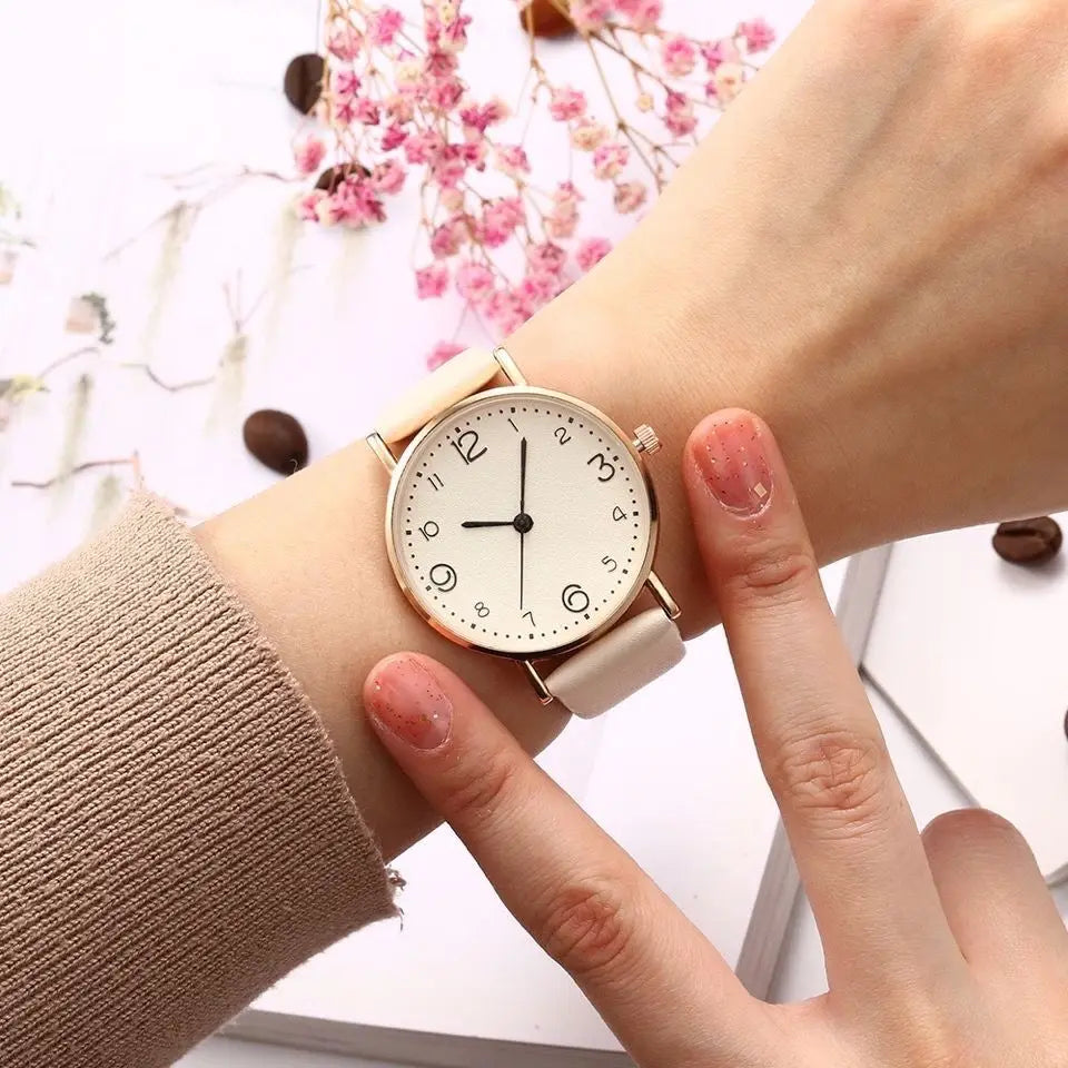 Dainty Simple Ladies Daily Wristwatch, Textured Cream Dial Thin Pink Leather Band Casual Quartz Watch for Student Office Qme