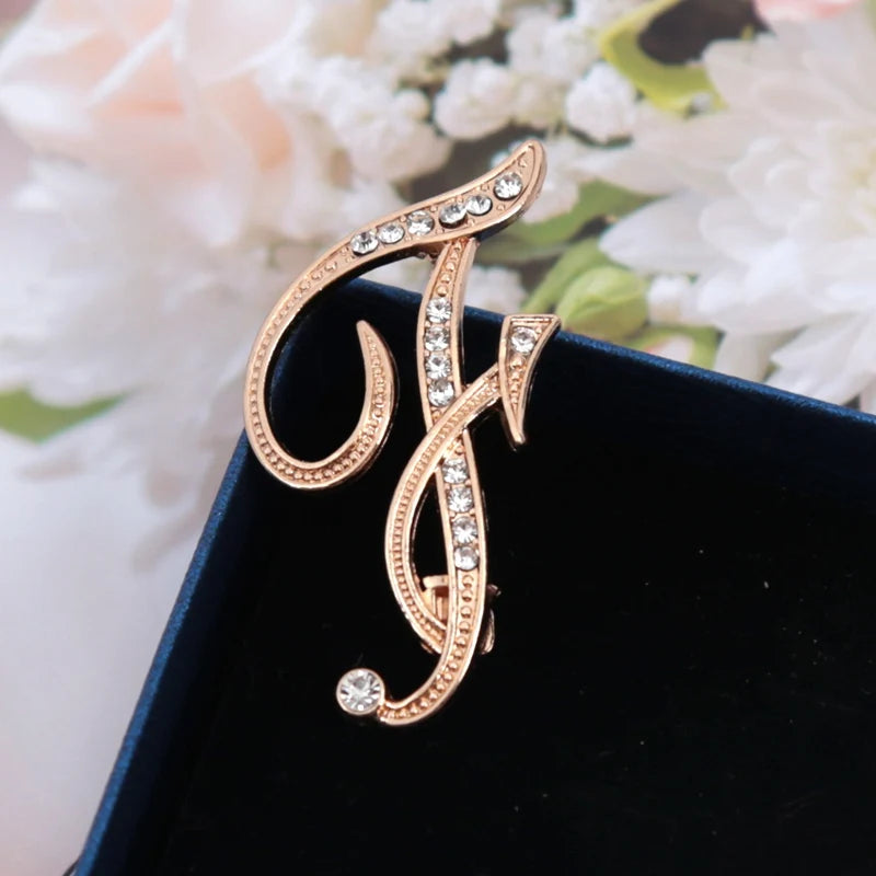 Fashion Women Rhinestone Brooch A-z English Letter Gold Metal Pins