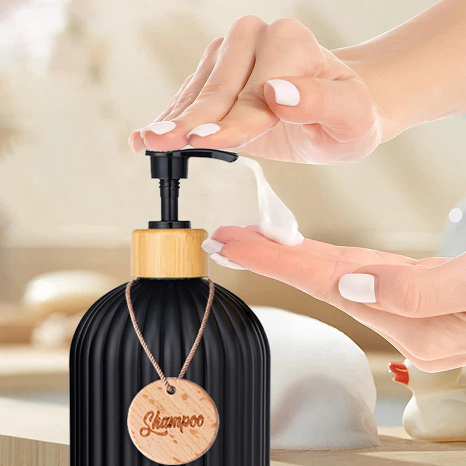 Strip Soap Dispenser with Bamboo Pump Refillable Shampoo Conditioner Hands and Dishes Soap Dispenser Bottle for Kitchen Bathroom Qme