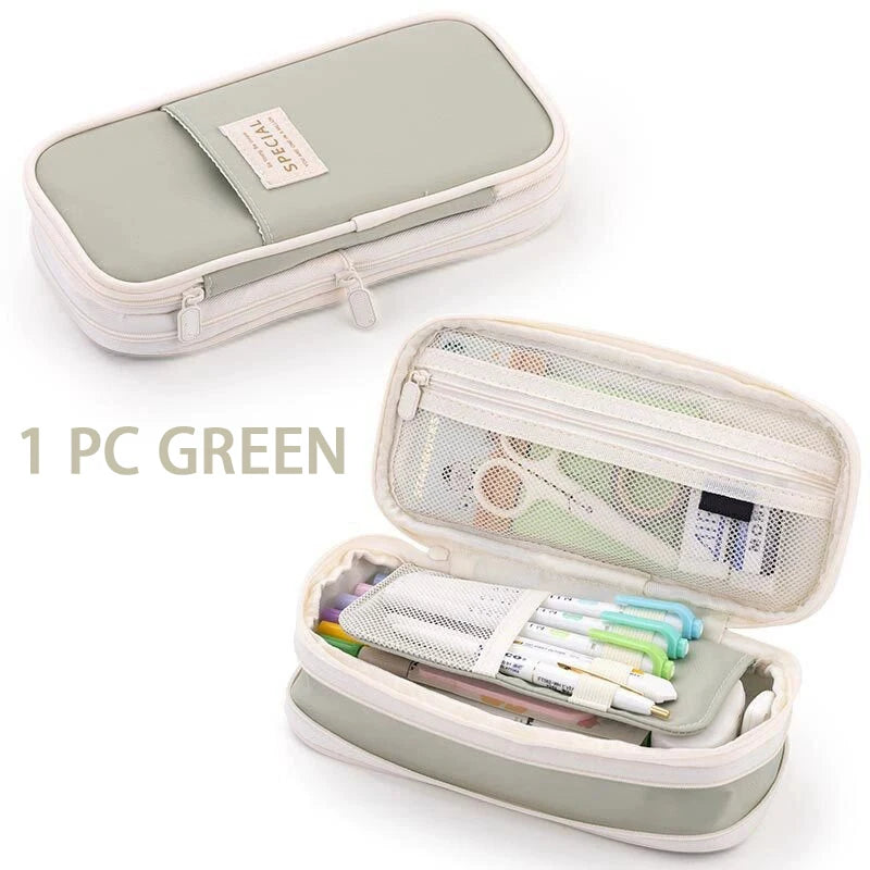 1/2 Piece Kawaii Pencil Case Double Layer Large Capacity Pencil Bag Storage for Office Stationery Storage Box School Supplies Qme 1 PC GREEN