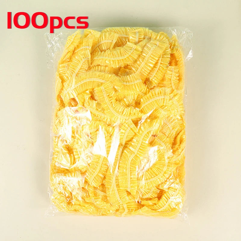 100pcs/set Disposable Shower Caps Plastic Waterproof Headgear Pink Spa Salon Hotel Hair Dye Women Elastic hair Cap Bathroom Qme 100pcs-yellow