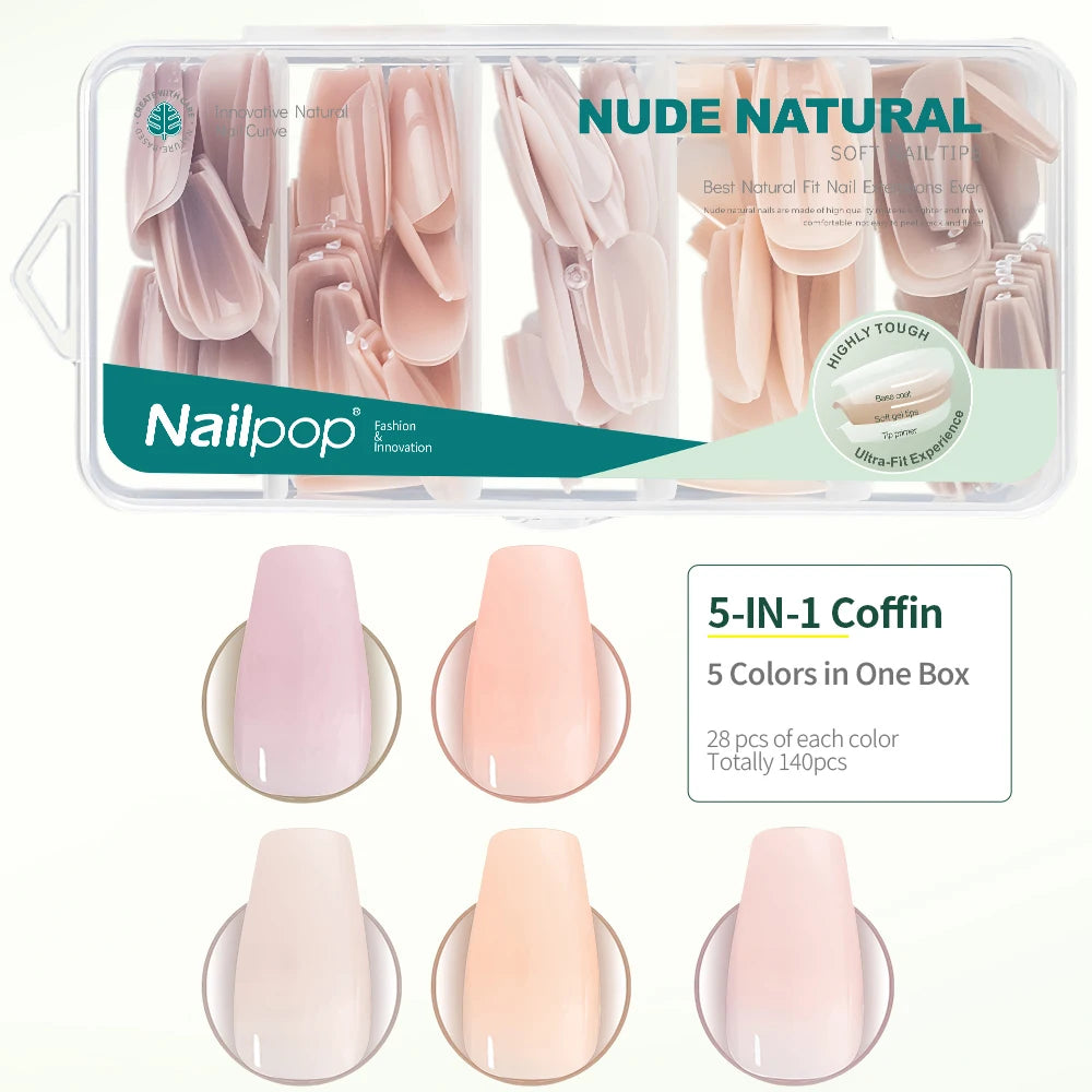Nailpop 140 Mixed 5 Colors Nude Pink False Nails Artificial Press Qme 5 Color Coffin