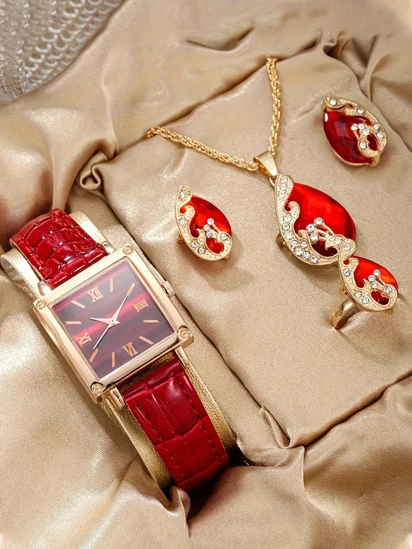 Vintage Hollow Rhinestone Edge Black Gem Matching Jewelry Watch Gift Set Qme Red