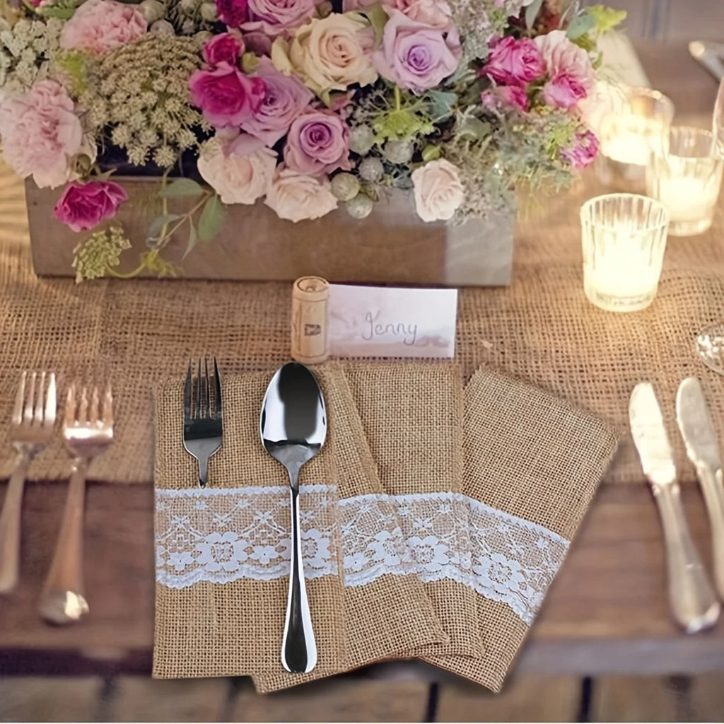 Natural burlap cutlery bag with lace silver napkin holder, wedding party bridal shower table decoration Qme