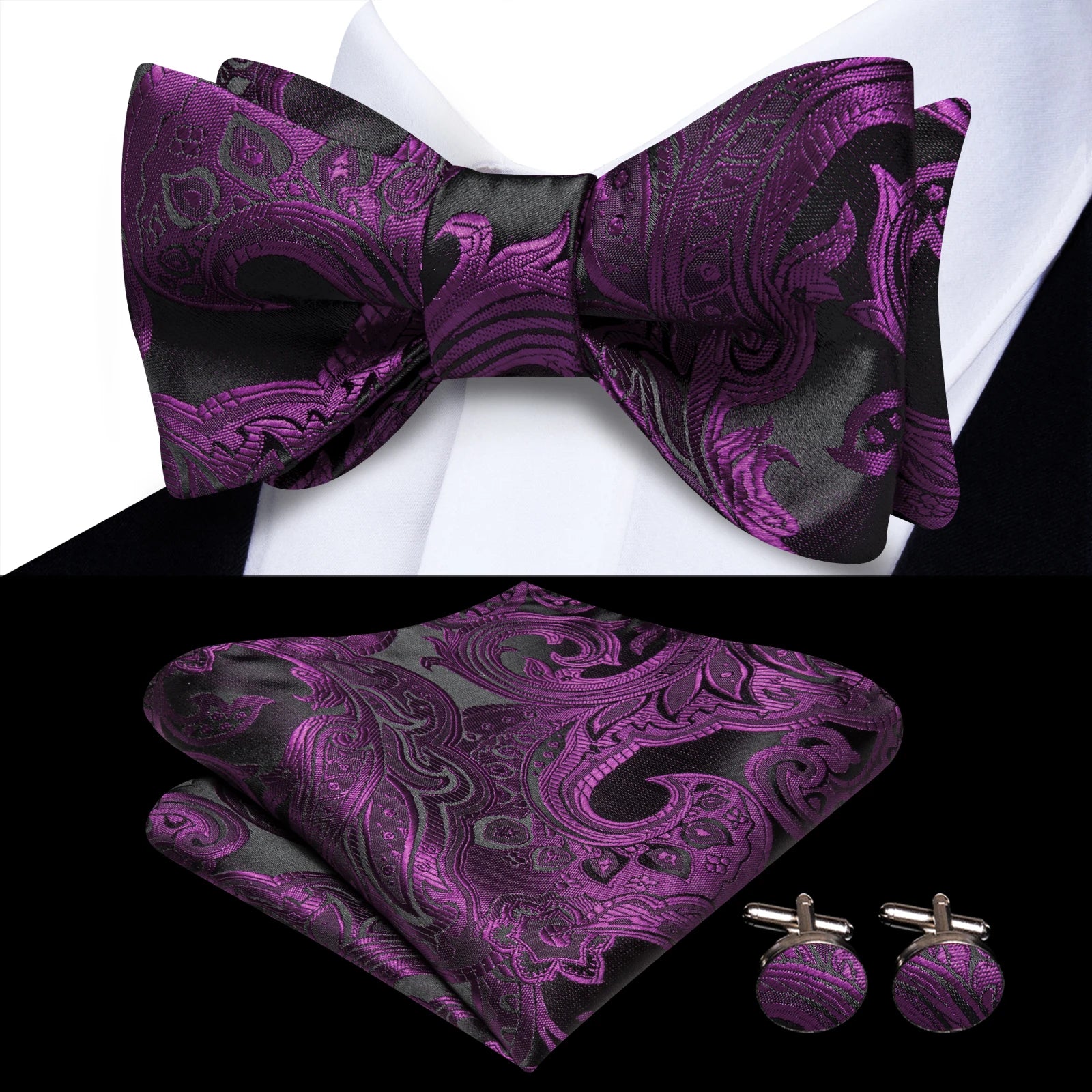 Pink Orange Sky Blue Hi-Tie Mens Bow Tie Pocket Square Cufflinks Set Self-tied Butterfly Knot Bowtie for Wedding Business Gift Qme HT-LH-2299