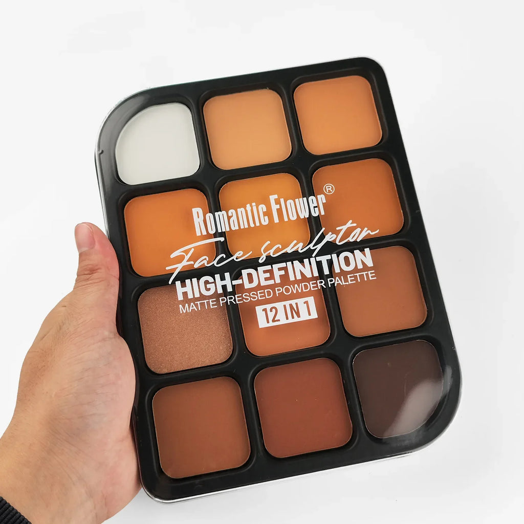 Deep Skin 12-Color Matte Contour Palette - Full Coverage All-In-One Highlighter Shading & Powder Face Makeup Kit Qme