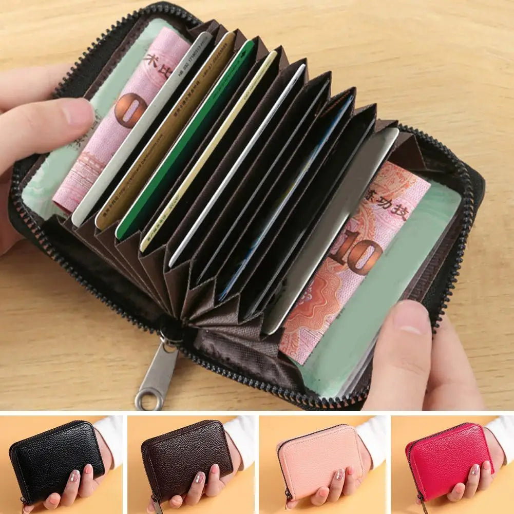 Multi Slot Card Holder Vintage Small Wallet Women Men Business Bank Credit Card Bag Male Coin Pouch Solid Leather Zipper Wallet Qme