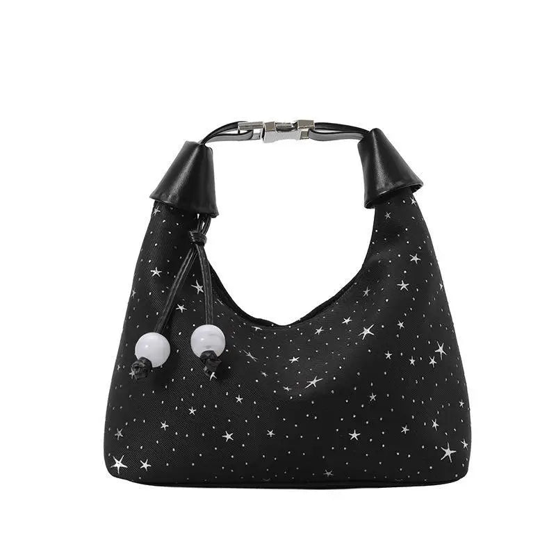 Sweet Sparkling Stars Shoulder Bag Nylon Texture Pearl Pendant Crossbody Bag Small Bucket Handbag Women Girl Qme A2