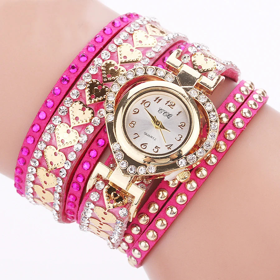 Diamond studded watch for women, heart-shaped dial, looped bracelet, full diamond long rope wrapped watch for women Qme Rose