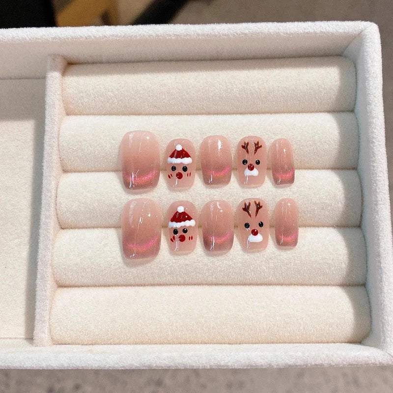 Cute Christmas Snowflake Deer Handmade Press Nails Cat Eye Short Qme GJ-CDJ-ZB53-S