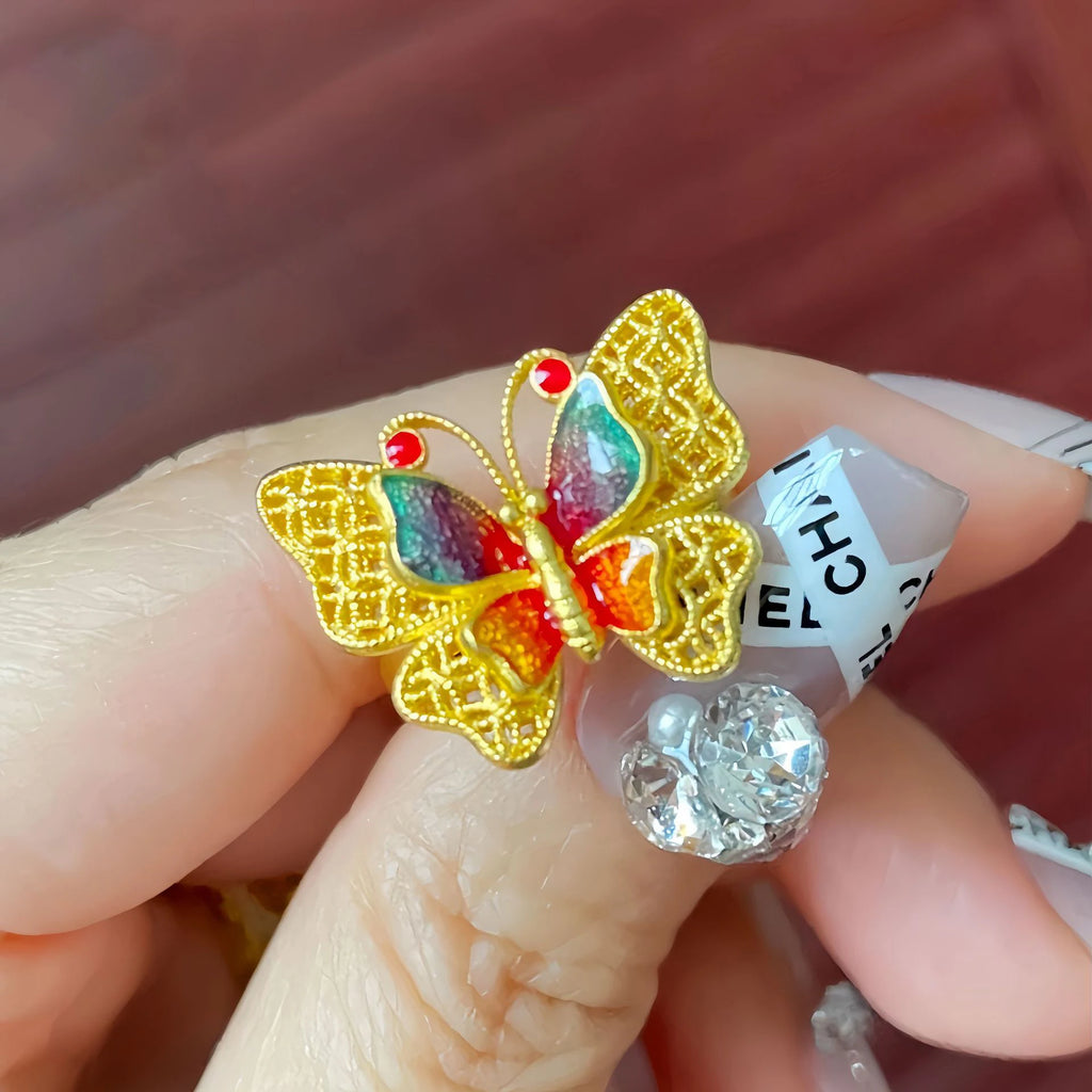 Ancient Fasha Gold Enamel Color Hollow Out Flower Thread Colorful Butterfly Ring for Women Adjustable Party Jewelry Wholesale Qme Gold resizable