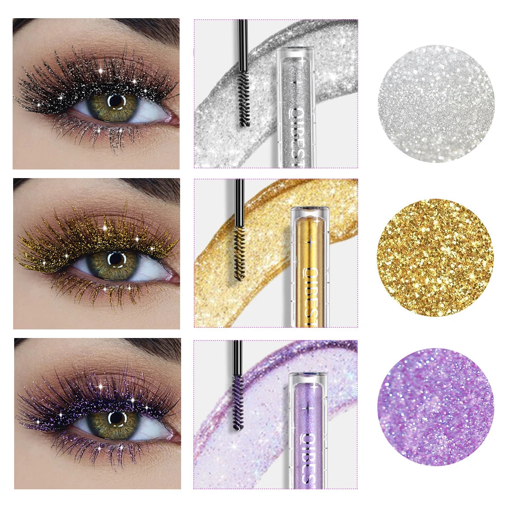 QIBEST 3 Colors Diamond Glitter Mascara Long Lasting Makeup 3D Volume Eyelashes Curling Shimmer Mascara Eye Lash Female Cosmetic Qme