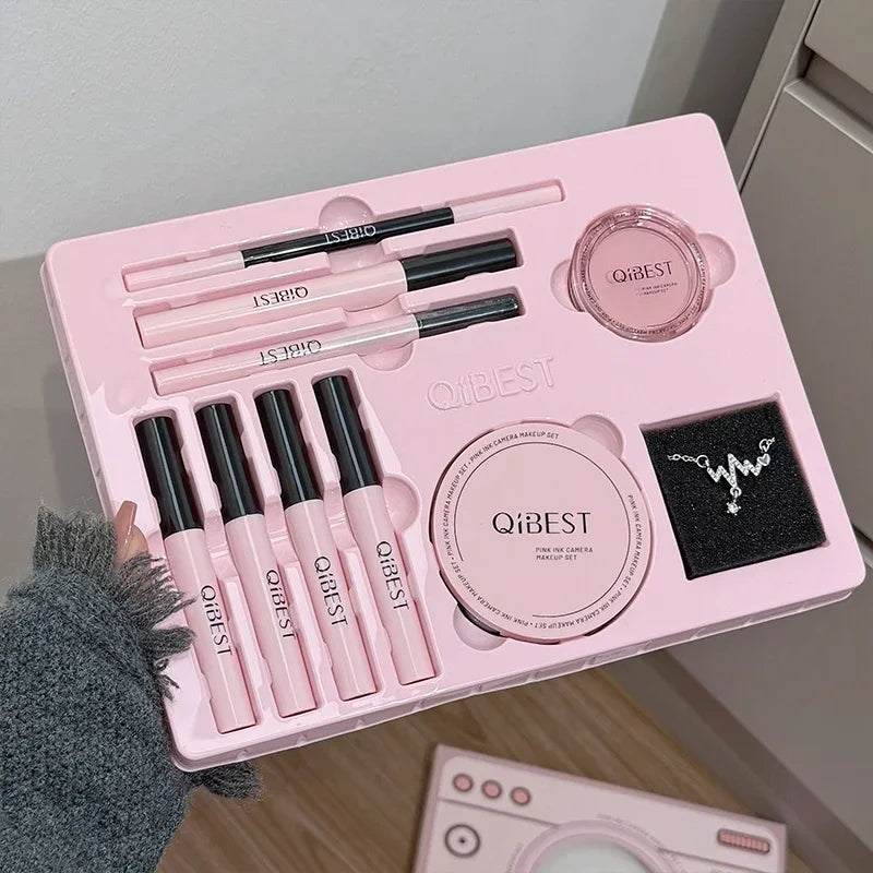 Multipurpose Makeup Set 4PC Liquid Lipstick,1 Pressed Powder,1 Face Blush,1 Eyeliner,1 Mascara,1 Eyebrow Pencil Korean Cosmetics Qme Makeup Sets
