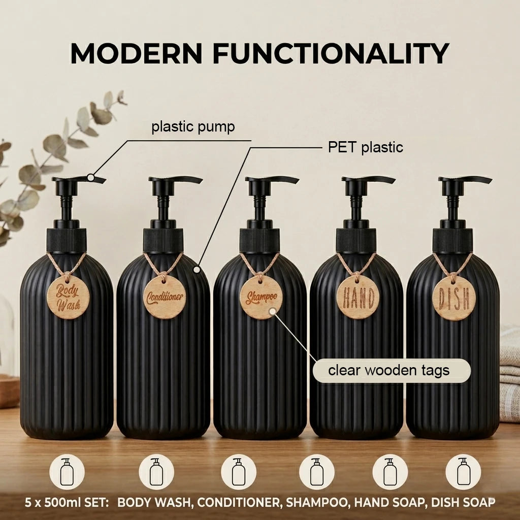 Matte Black Soap Disenser with Tags-16oz Ribbed Plastic Refillable Bathroom Bottles for Shampoo Conditioner Body Wash Container Qme