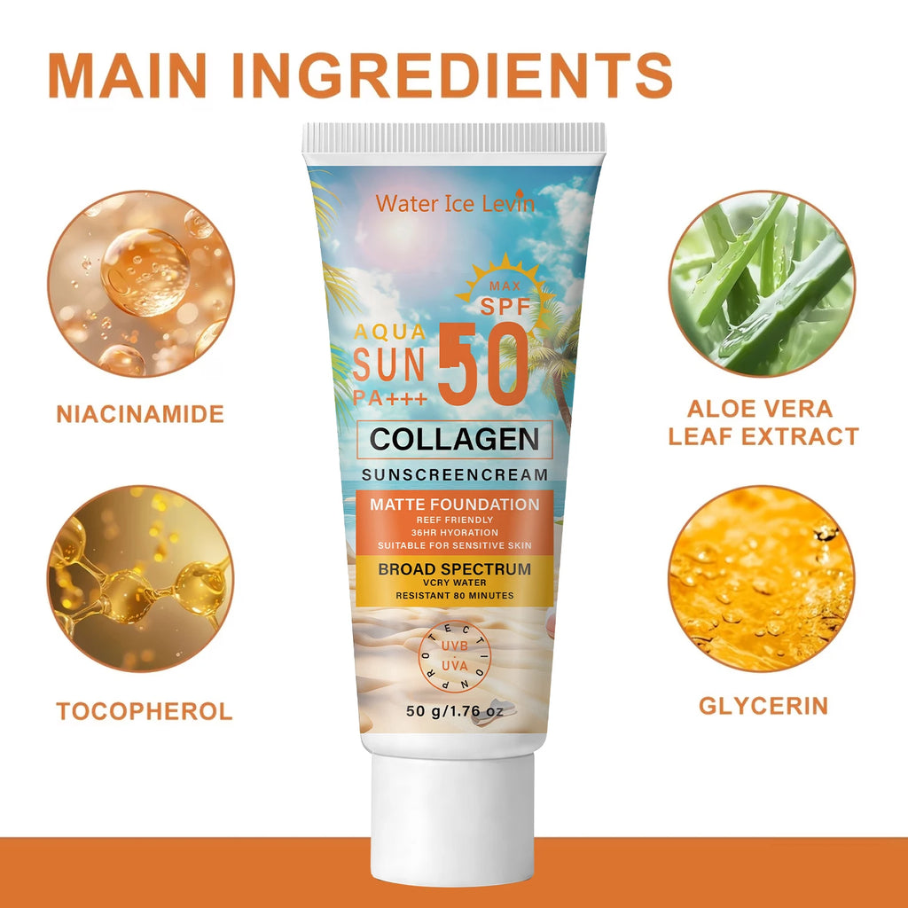 SPF50 PA+++ Sunscreen, 36HR Hydrating & Water Resistant Collagen Sun Care Qme