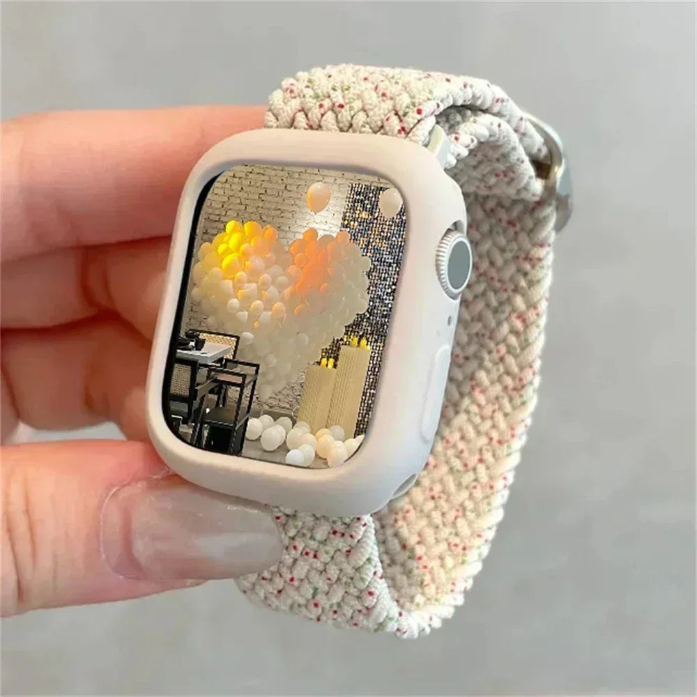 Korean Cute Braied Strap + Case For Apple Watch Band 49mm 41mm 45 44 38 42 Nylon Bracelet For iWatch Series 9 8 7 6 5 4 3 SE 40 Qme