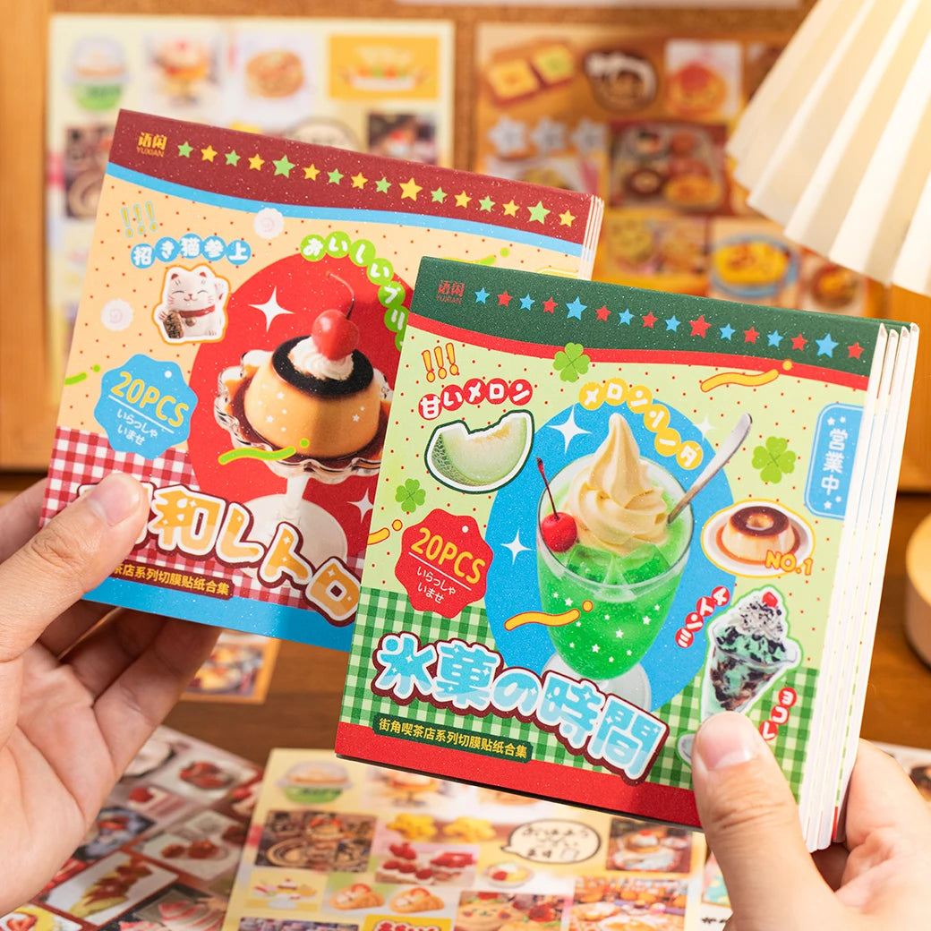 20/40pcs Die-Cut Sticker Book - Japanese Food & Dessert Vintage Showa Style，Glitter Matte Finish，School Stationery supplies Qme AB