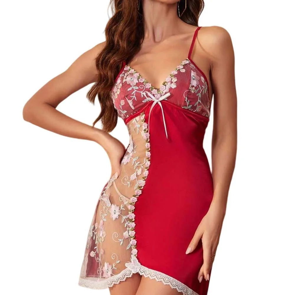 Thin Lace Bow Women's Pajama Dress Embroidered Mesh Transparent Ice Qme Red XL