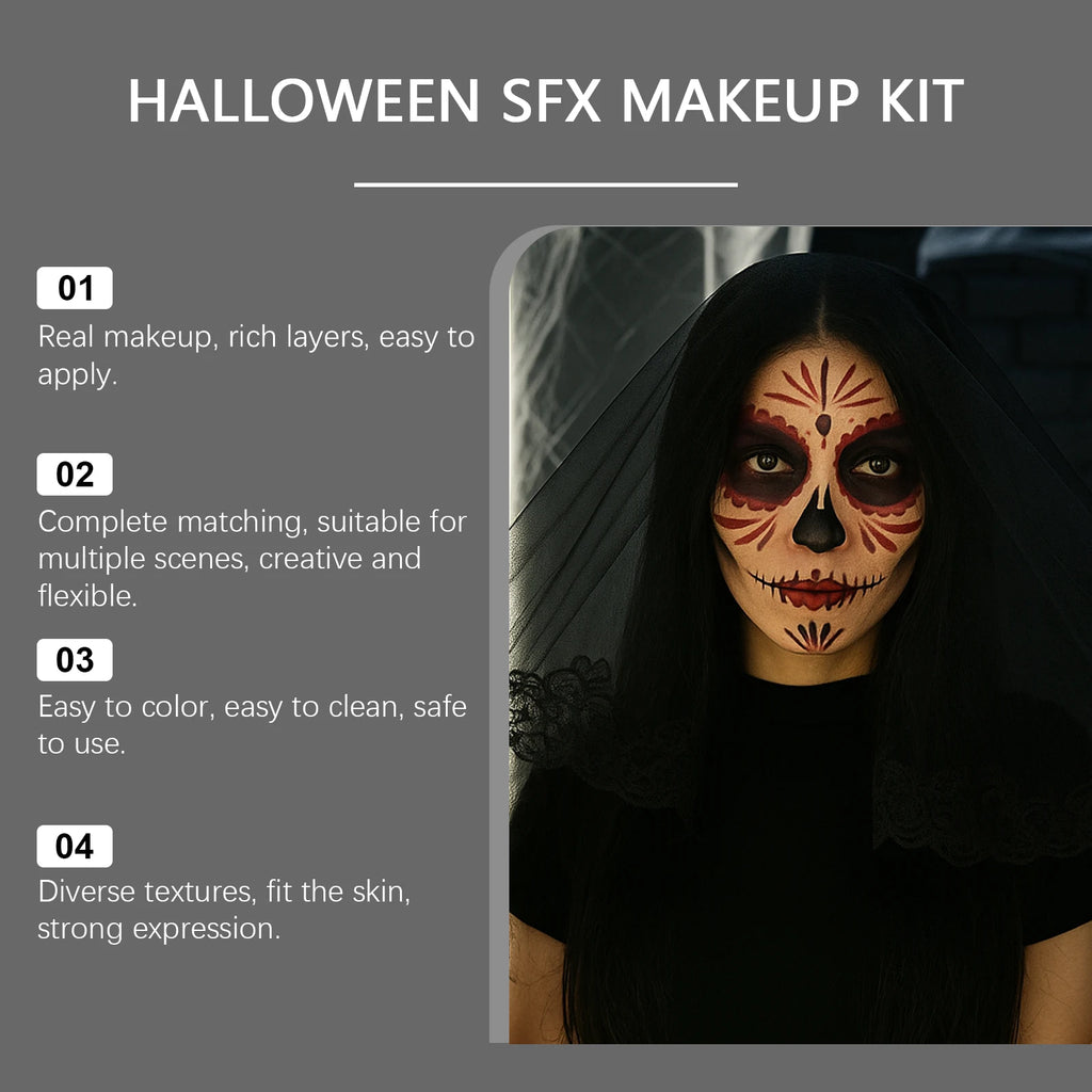 Halloween SFX Makeup Kit Scar Wax Coagulated Blood Gel Liquid Latex 6Color Palette Realistic Washable Special Effects Makeup Kit Qme