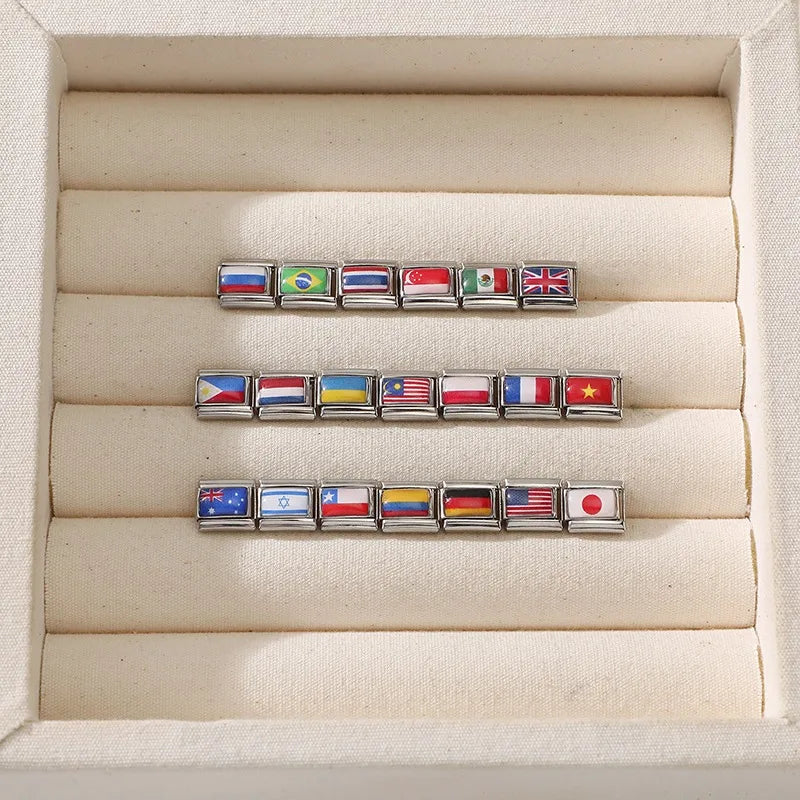 New 2025 Men's Women's Fashion World National Flag Pattern Italian Charm Beads Fit 9mm Bracelet Stainless Steel Making Jewelrys Qme