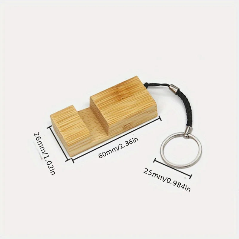 Bamboo Wood Phone Stand With Keychain Mini Portable Cell Phone Holder Universal Desk Smartphone Bracket Key Ring Accessory Qme
