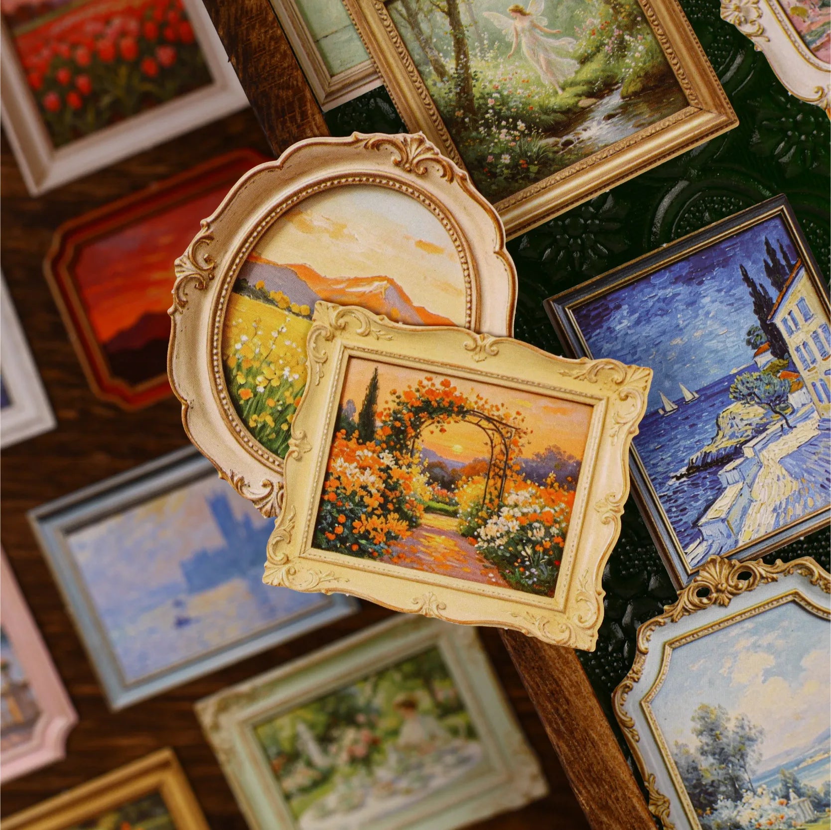 European Vintage Oil Painting Frame Stickers, Embossed Gold Rim Scenery Frames for Journal and Kuka Card Border Collage Qme