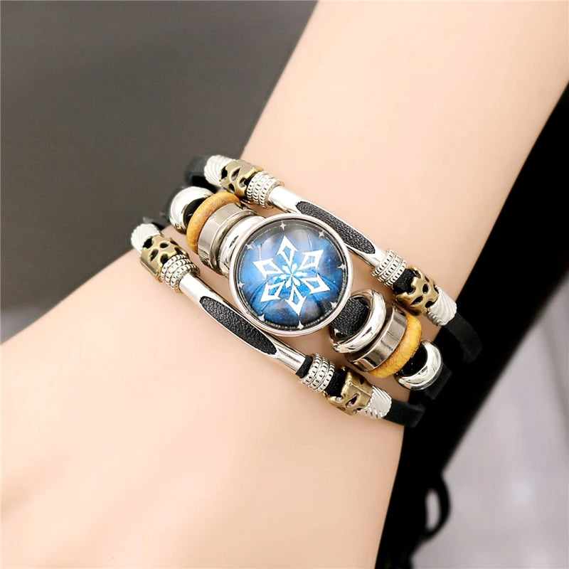 Luminous Genshin Impact Leather Bracelet Eye of God Water Wind Thunder Fire Rock Ice Element Snap Button Bracelets Jewelry Gift Qme