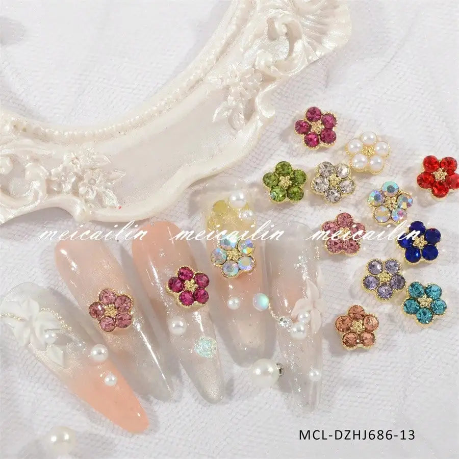 3D Glitter Rhinestones Crystal Flower Nail Art Charms Colorful Cherry Qme golden 20pcs