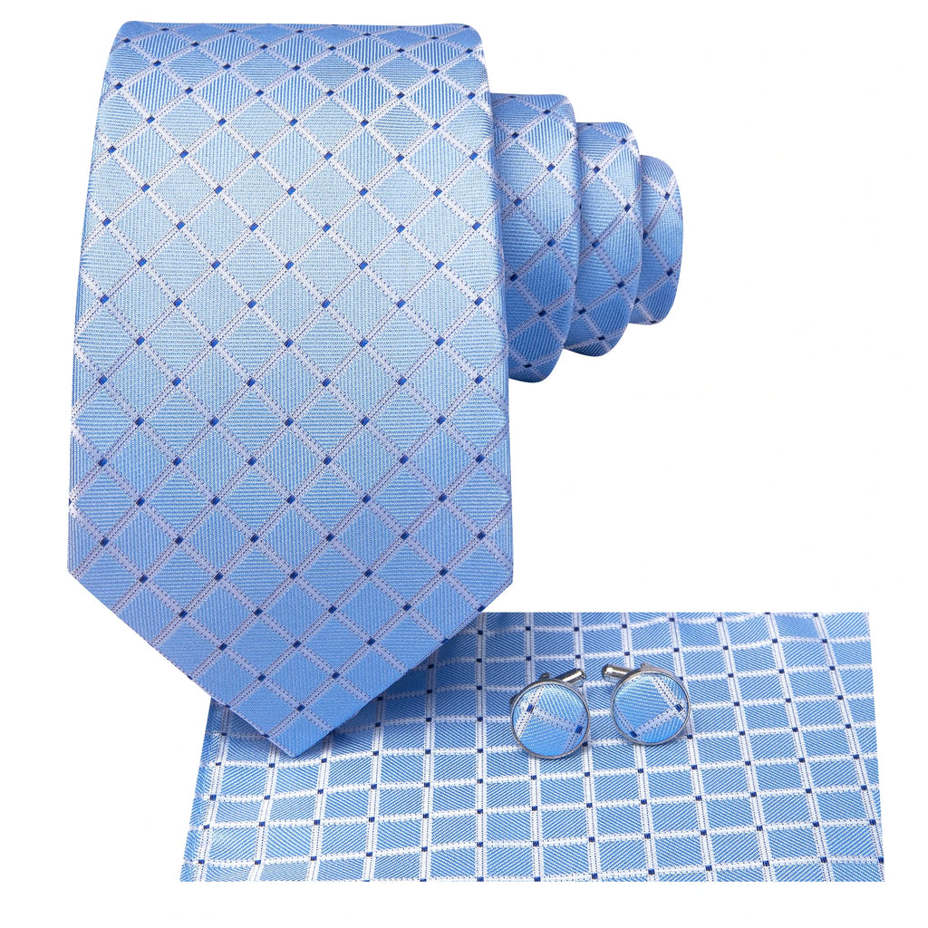 Hi-Tie Fashion 8.5cm Plaid Dots Men's Elegant Tie Handkerchief Cufflinks Set Wedding Party Accessories Gift for Men Gravats Qme