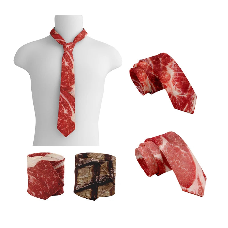 Unisex Meat Design Tie Fashion Food Printing Men's Fun Wedding Party Qme