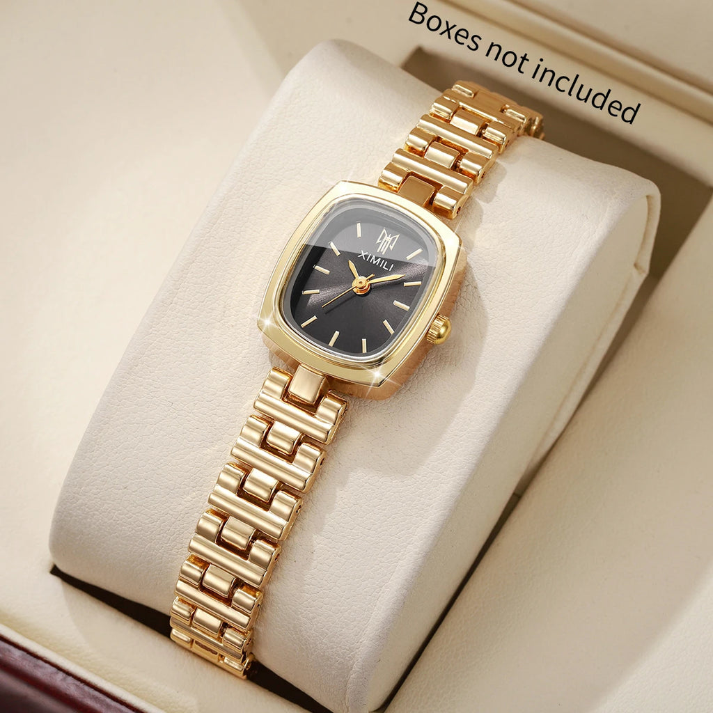 Hot Sale Women's Mini Gold Watch, Small Square Black Dial, Elegant Style Qme Gold Black No Box